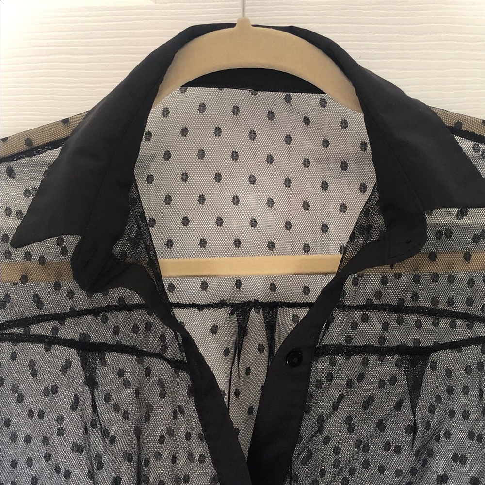 Black Polka Dot Sheer Mesh Fairy Maxi Dress Button Front Tiered - Picture 4 of 7